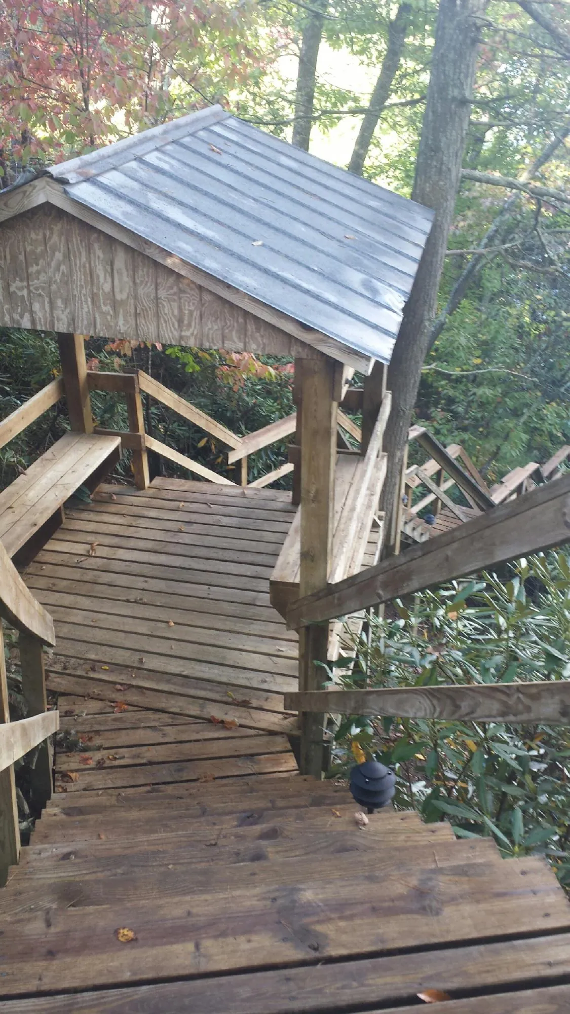 Metal roofed shelter over wooden steps on a wooded walkway — Skylight Repair & Installation work by our crew in Ayr